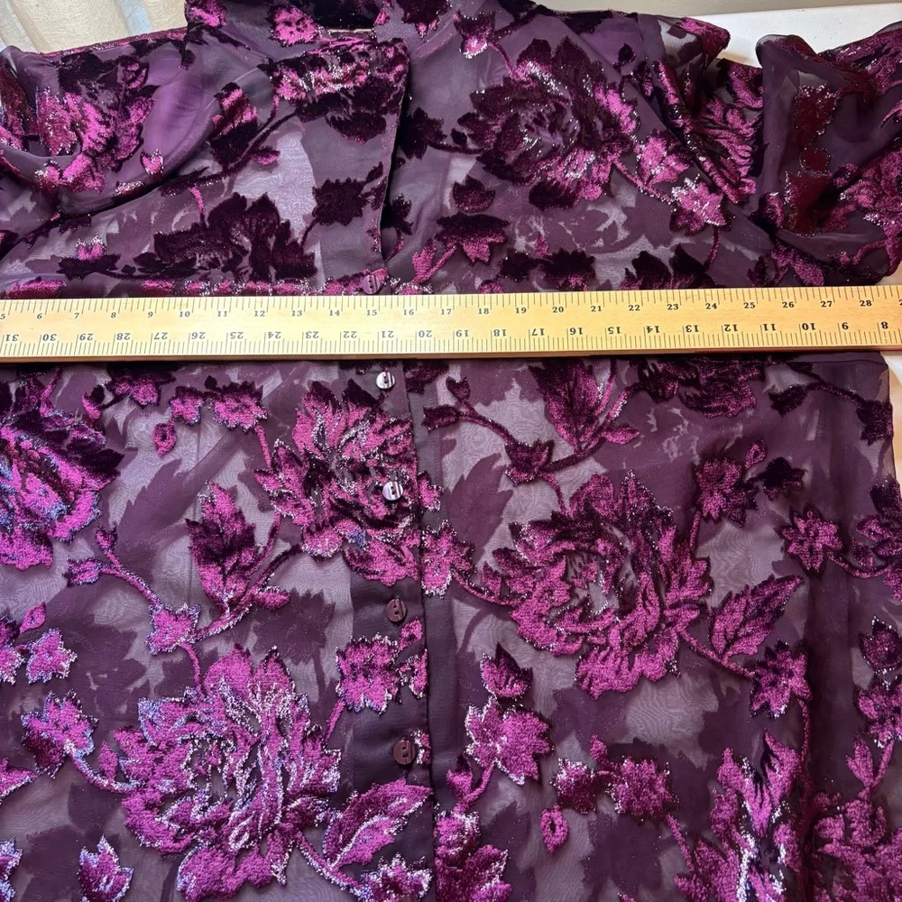 Burgundy Purple Burnout Velvet Floral Button Up Sheer Shirt Top 2X Whimsigoth - Picture 10 of 13